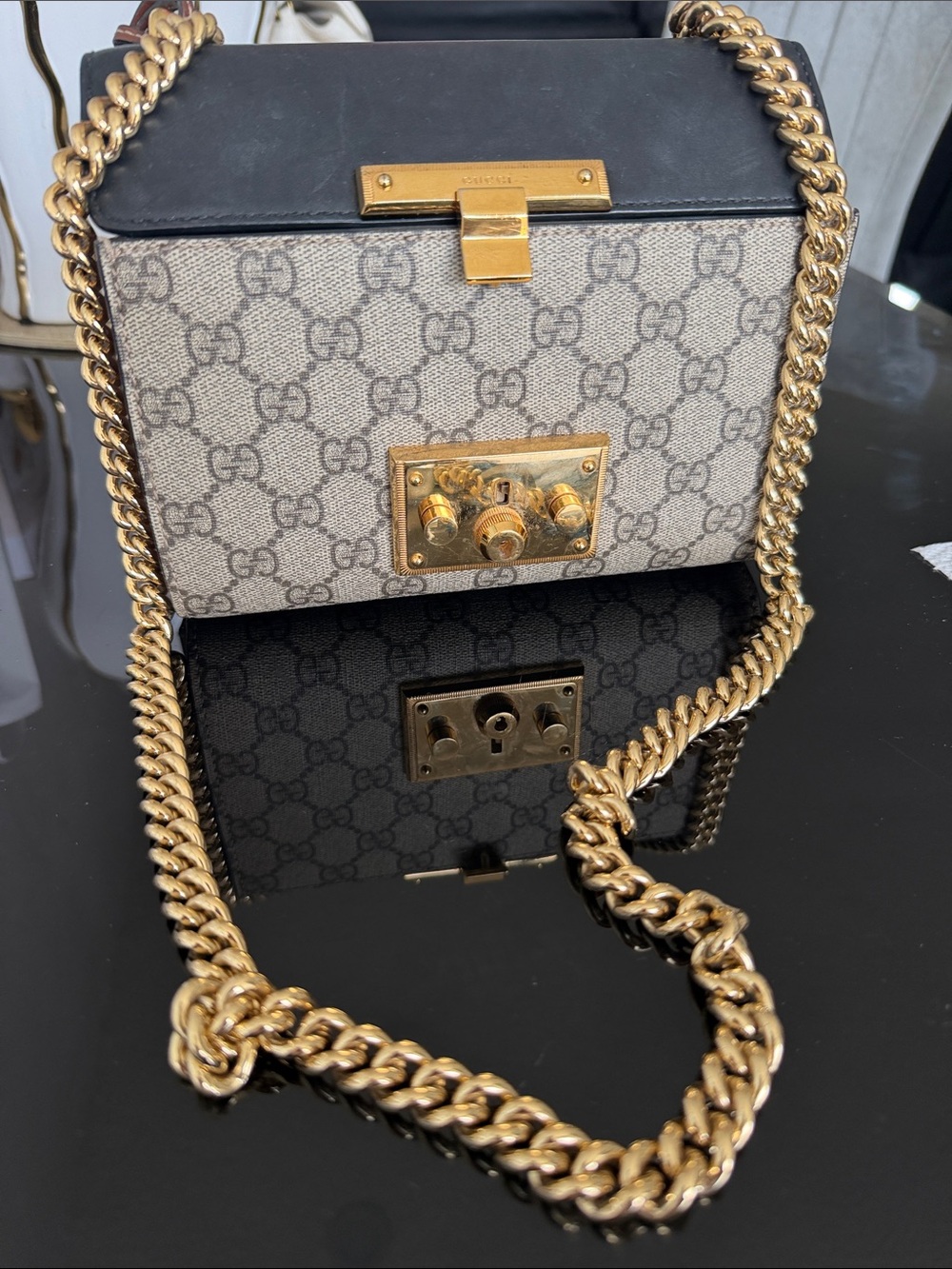 Gucci Black Leather & Beige GG Canvas Chain Crossbody Bag with Gold Hardware